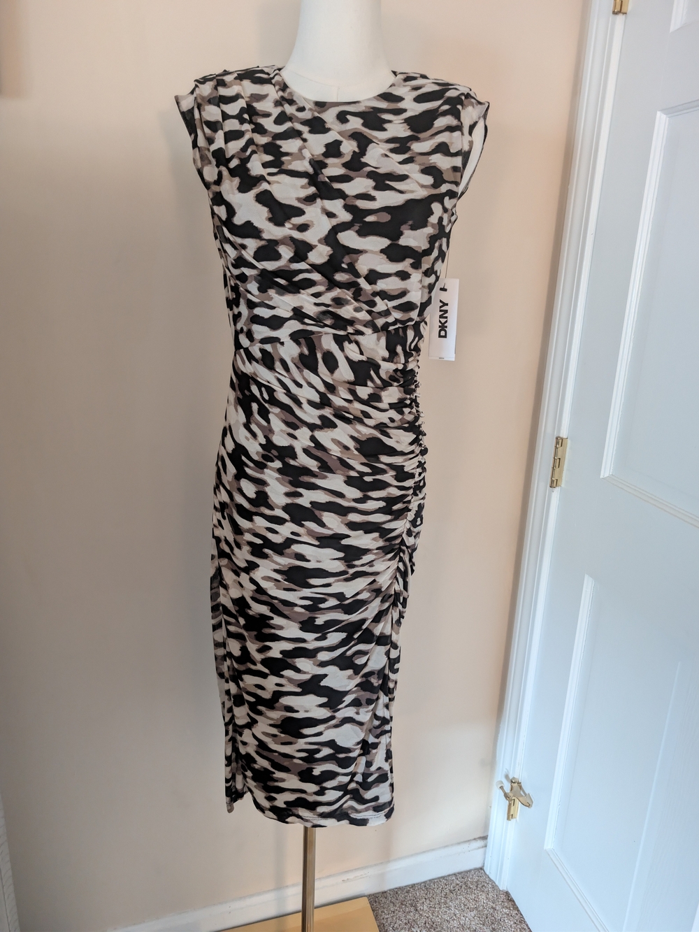 DKNY NWT Printed Mesh Side-Ruched Midi Dress Petite 4P